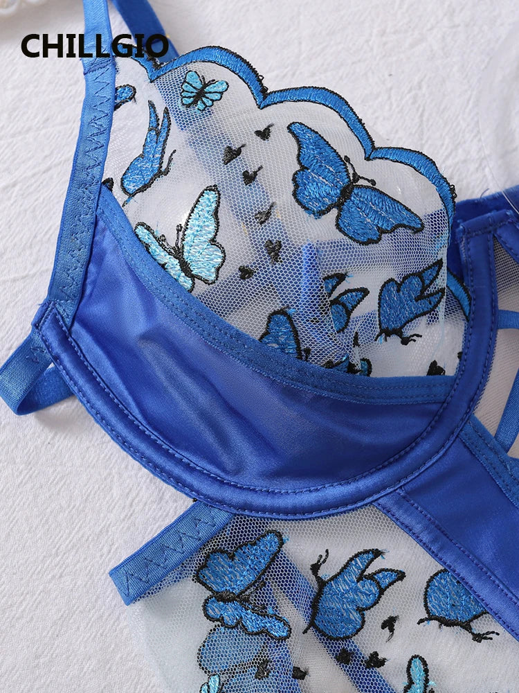 CHILLGIO Women Butterfly Embroidery Mesh Bodysuits Push Up Underwire Tights Sexy One Piece Combination Strappy Rompers Lingerie