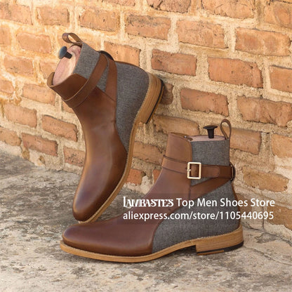 Suede Buckle Strap Ankle Boots Suede Leather Side Buckle Casual Dress Boots Vintage Suede Low Block Heel Pull On Boots for Men