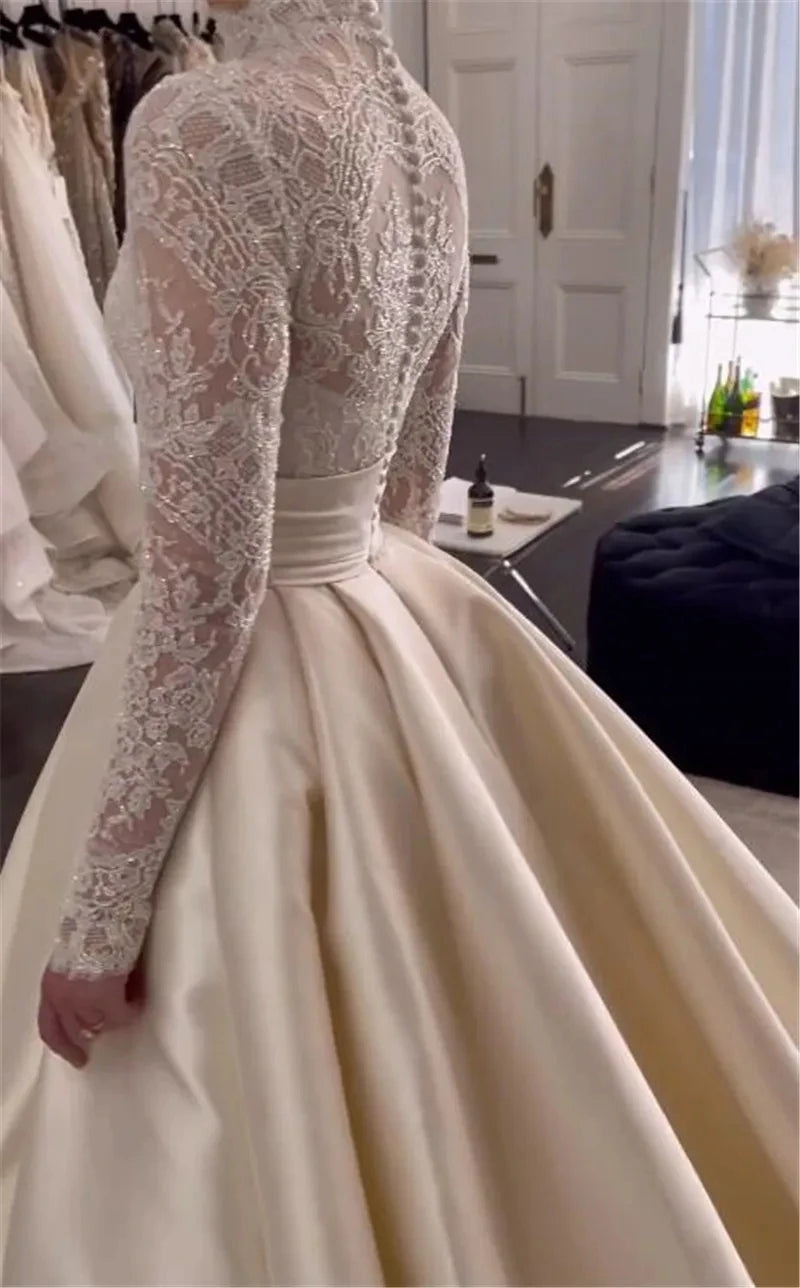 2025 Elegant A Line Lace Wedding Dresses High Neck Long Sleeves Button Back Train Bridal Bride Party Gowns Vestidos De Noiva