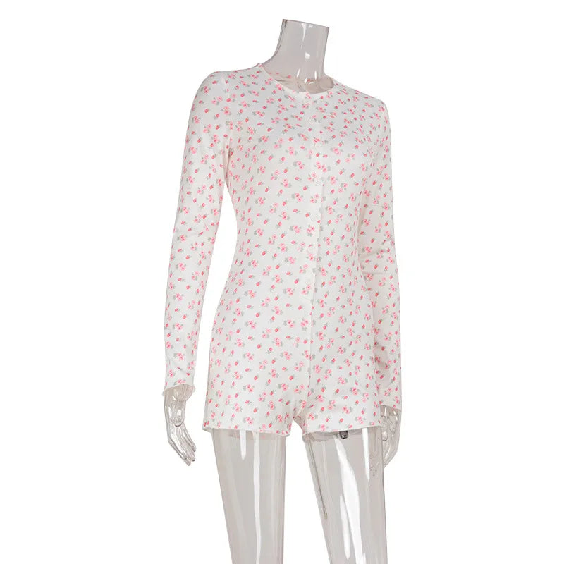 Women's Clothing Long Sleeve Floral Printed Jumpsuit Sexy Slim Home Wear Pajamas Fashion Round Simple Style Comfortable Trendy