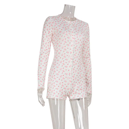 Women's Clothing Long Sleeve Floral Printed Jumpsuit Sexy Slim Home Wear Pajamas Fashion Round Simple Style Comfortable Trendy