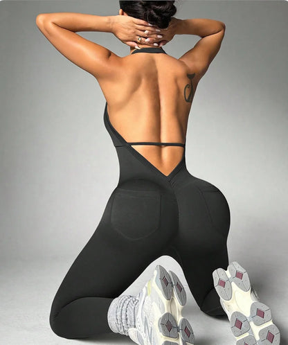 Women's Halter Neck Yoga Bodysuit with Pockets Sexy Backless Tight Tracksuit One Piece Overalls Gym Fitness Sports Jumpsuits