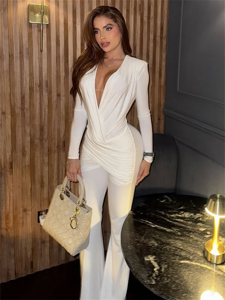 Weird Puss Ruched Patchwork Jumpsuits Woman Classic Elegant Fall Trend Deep V-Neck Full Sleeve Streetwear Sexy Flared Overalls