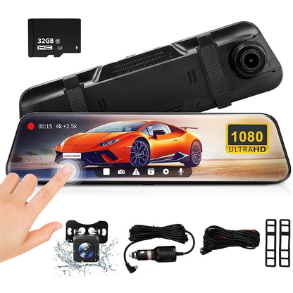 10 Inch Full Touch Screen Rear View Mirror Dash Camera,1080P Full HD Dual Front Rear Car Dashcam, Superior Night Vision, Loop Recording Parking Mode Backup Reverse Camera Vehicle Driving Recorder