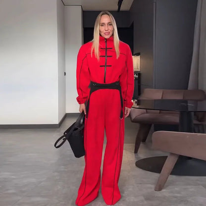 Casual Contrasted Color Women Jumpsuits Full Sleeve Stand Collar Waist-Closed Lady Rompers 2026 Autumn Winter Female Jumpsuit