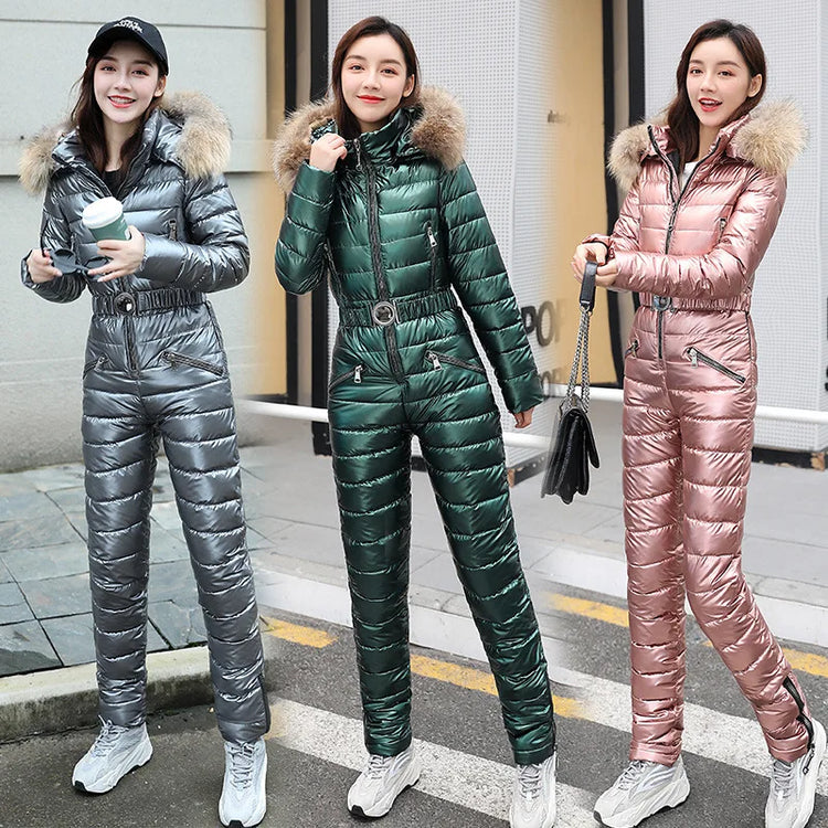 Jumpsuits One Piece Ski Suit Winter Thicken Snow Place Down Cotton Women Suits Warm Hooded Waist Slim Shiny Outdoor Sports