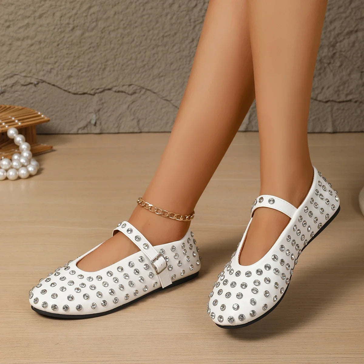 Women's Flat Dress Shoes Bottom Mary Jane Water Diamond Casual Dancing Shoes Genuine Leather Single Shoes Luxury Ballet Flats