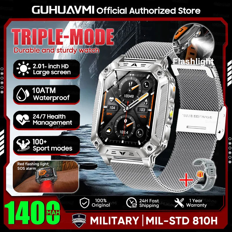 2026 New Military outdoor 1400mAh Battery SmartWatch Men Waterproof Call 2.01" HD AMOLED Sports Heart rate Flashlight Smart Band