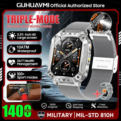 2026 New Military outdoor 1400mAh Battery SmartWatch Men Waterproof Call 2.01" HD AMOLED Sports Heart rate Flashlight Smart Band