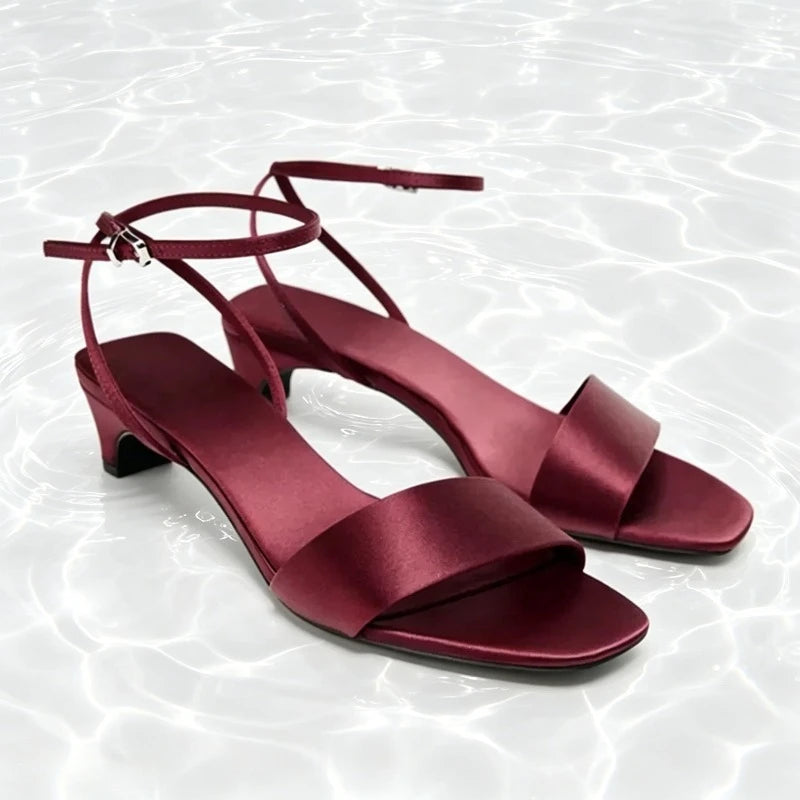 Burgundy Satin Low Heel Sandals Women Summer Sexy Open Toe Ankle Buckle Dress Shoes Luxury Brand Designer Shoes Zapatos De Mujer