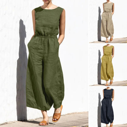 Jumpsuits Women New Summer Solid Color high-waisted Sleeveless Elastic Waist Casual Loose Temperament Rompers Clothing JYFS6542