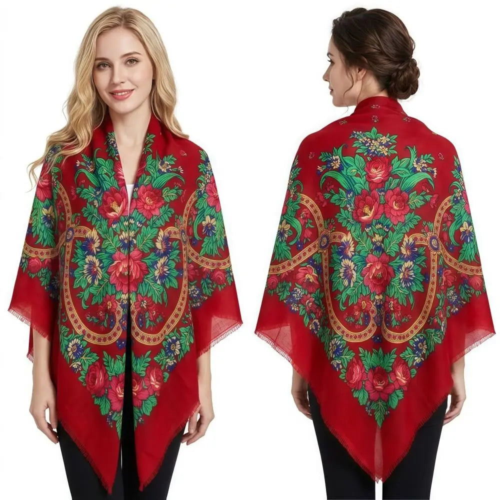 130×130cm Women's Shawl Scarves Thin Luxury Russian National Square Scarf Floral Print Breathable Ethnic Shawl Bandana Summer
