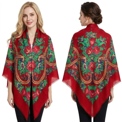 130×130cm Women's Shawl Scarves Thin Luxury Russian National Square Scarf Floral Print Breathable Ethnic Shawl Bandana Summer