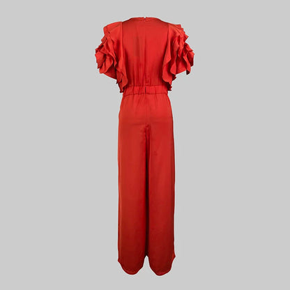 Modigirl Red Romper Jumpsuit Woman 2025 New Summer Falbala Short Sleeves Wide Leg Jumpsuits Woman Elegant Party Formal Clothes