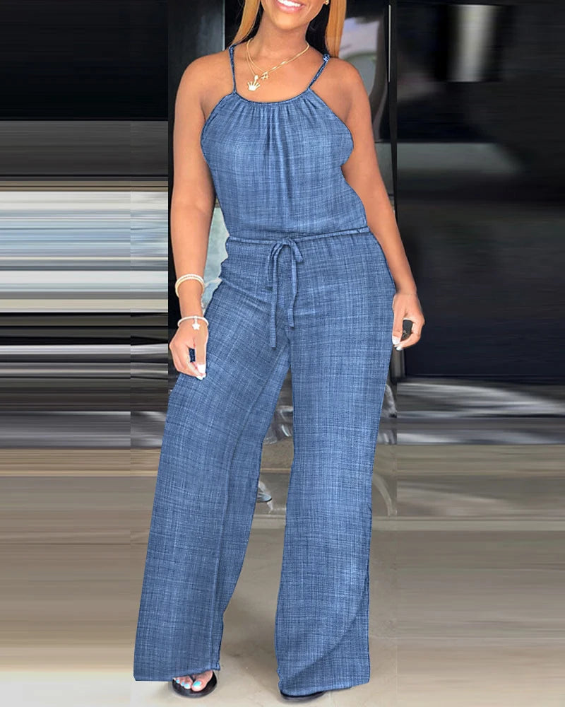 Women's Blue Denim Look Jumpsuit Spaghetti Straps Waist Tie Ideal for Casual Outings Summer Vacations Effortless Chic Styles