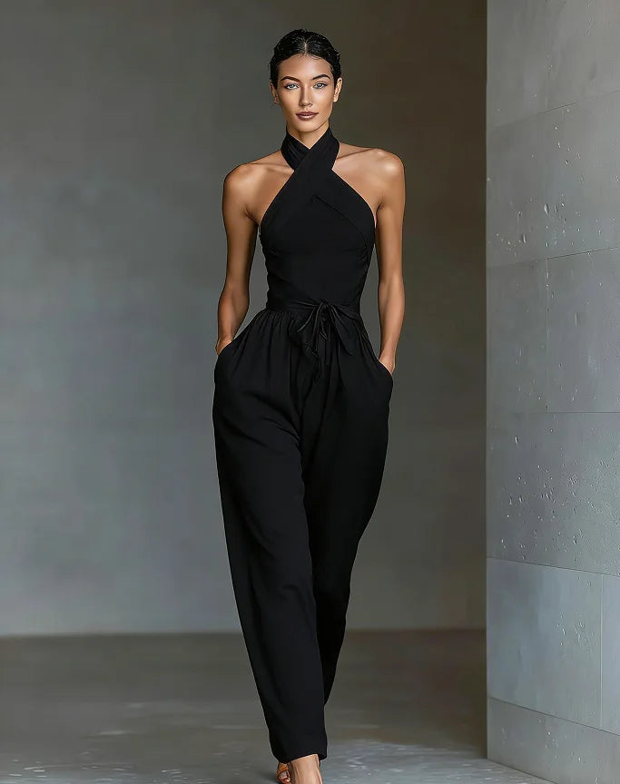 2026 High Waist Tie-up Wide Leg Pants Jumpsuit Woman Sexy Criss Cross Halter Backless Zips Romper Summer Solid Office Overalls