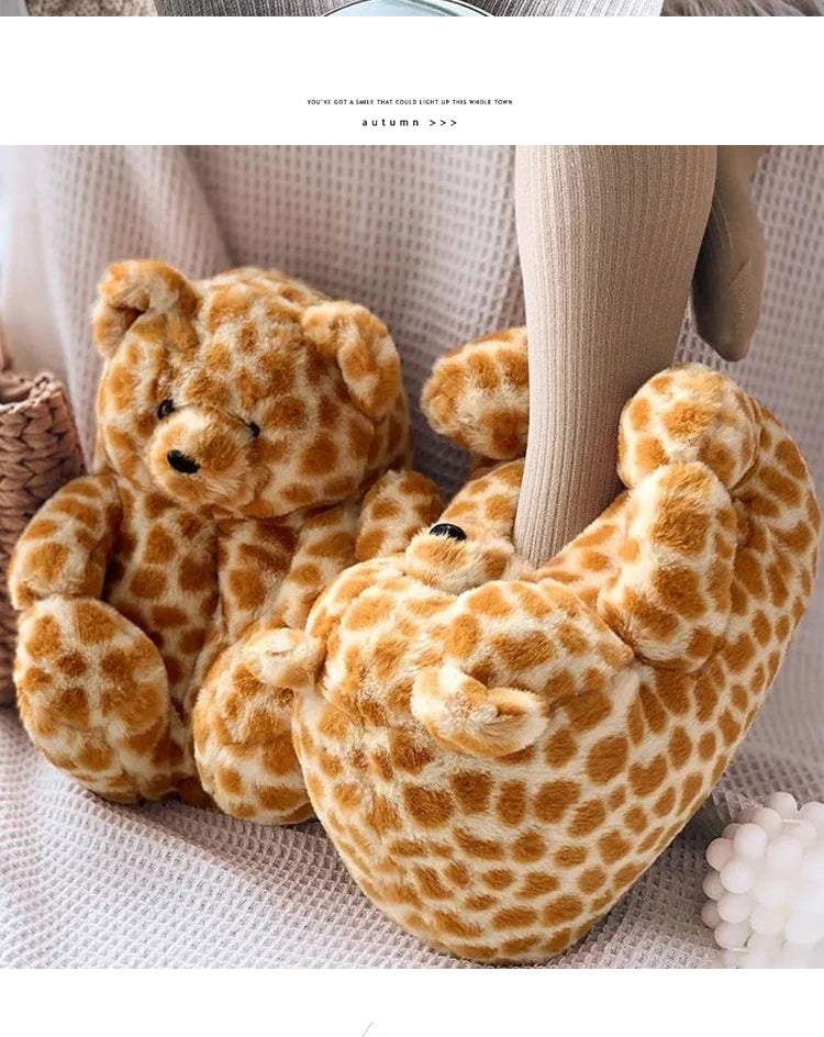 Cute Teddy Bear Plush Winter Slippers, Wrapped Heel Funny Indoor Floor Shoes, Women Gift, Warm Soft Cartoon Fluffy Animal Slippe