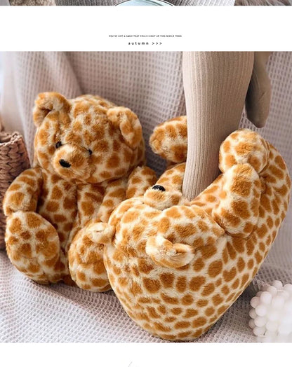 Cute Teddy Bear Plush Winter Slippers, Wrapped Heel Funny Indoor Floor Shoes, Women Gift, Warm Soft Cartoon Fluffy Animal Slippe