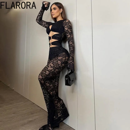 FLARORA Sexy Jacquard Lace Jumpsuits Woman Cutenew Hollow Out Ring Crop Bodycon Jumpsuit Hipster Stretch Midnight Street Overall