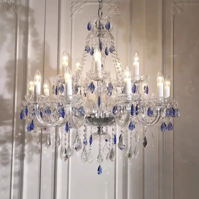 French Blue Romantic Crysatl Chandeliers Light Luxury Glass Living Room Art Decor Candle Pendant Lights Lighting Bedroom Lamps