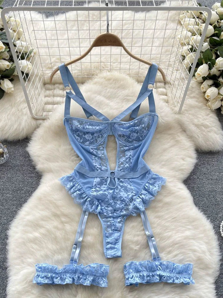 Coquette Lace Lingerie Set Sexy Mesh Bodysuit Valentines Day Sleepwear Gothic Strappy Catsuit Intimate Nightwear Romper