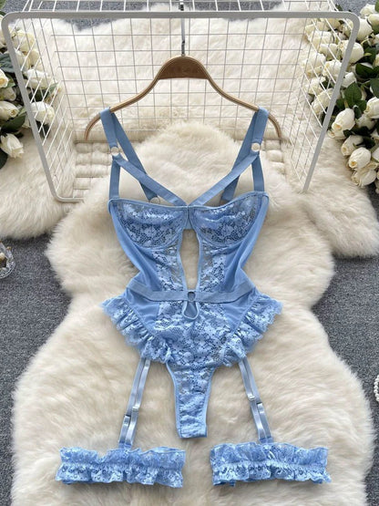 Coquette Lace Lingerie Set Sexy Mesh Bodysuit Valentines Day Sleepwear Gothic Strappy Catsuit Intimate Nightwear Romper