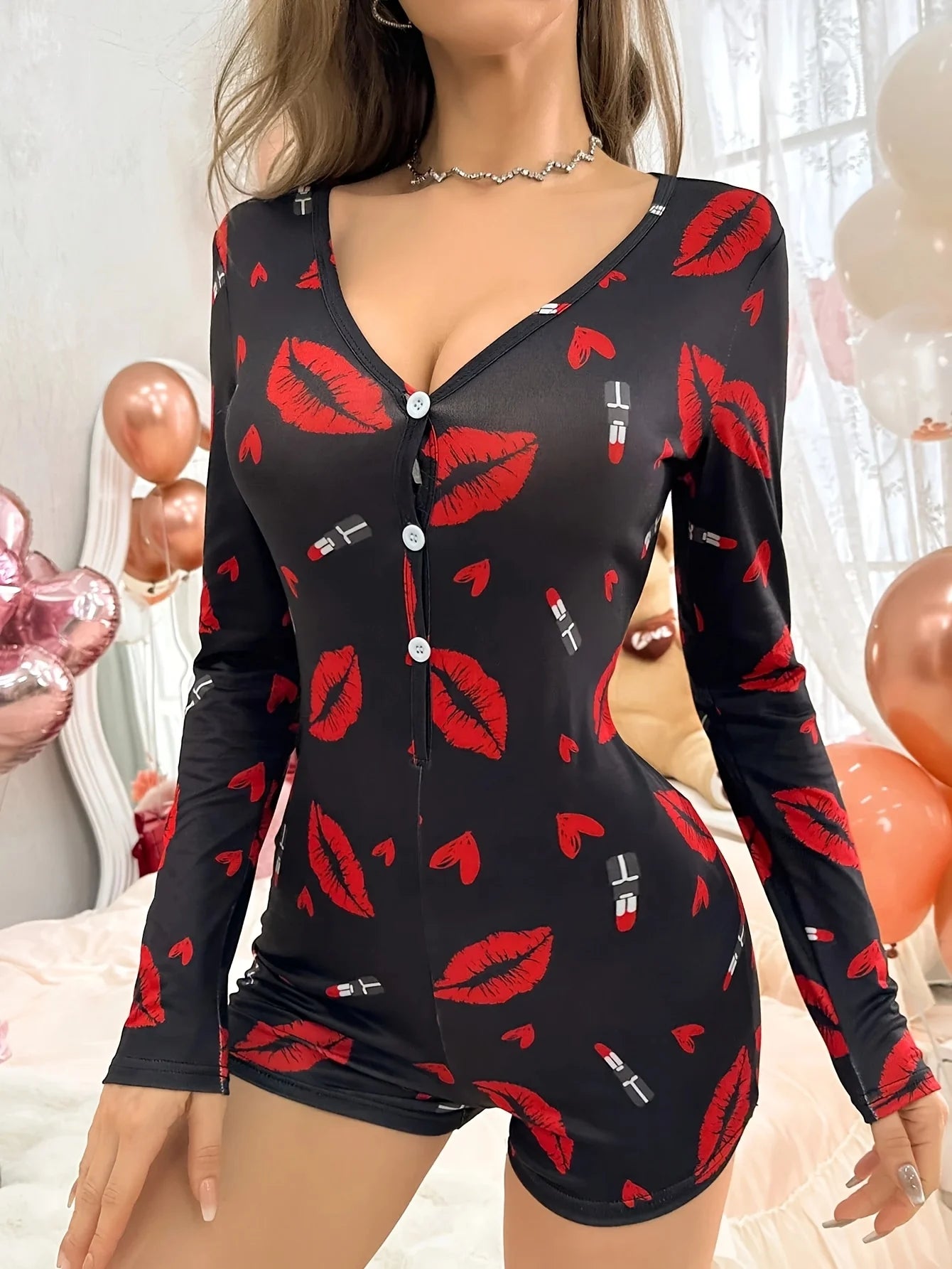 Onesies Women's Sexy Bodysuit Casual Red Lips Print V-neck Front Button Long Sleeve Jumpsuit Pajamas Sleepwear Lounge