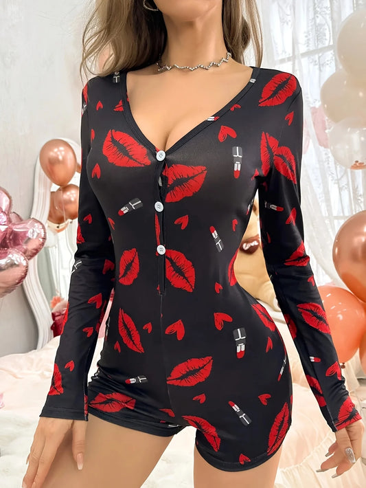 Onesies Women's Sexy Bodysuit Casual Red Lips Print V-neck Front Button Long Sleeve Jumpsuit Pajamas Sleepwear Lounge