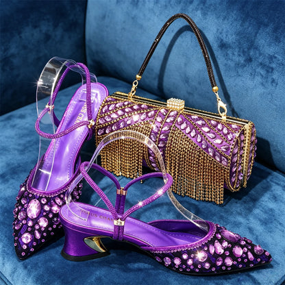 Women Purple Rhinestone Shoes Matching Bag Set Italian Design Chunky Heel Pumps Tassel Clutch Purse Nigeria Wedding Party Dress