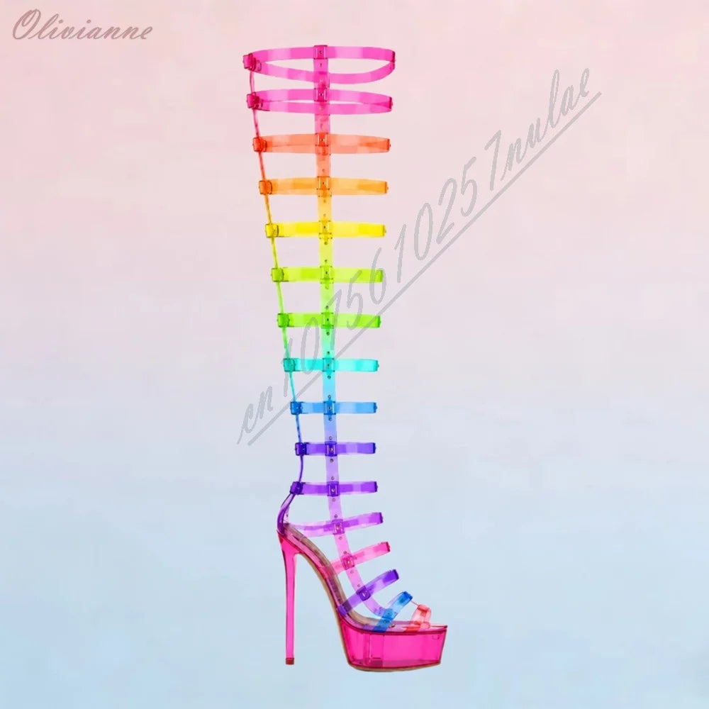 Fashion Women Colorful Rainbow Thigh High Boots Open Peep Toe Ultra‑High Platform Stiletto Heel Multi‑Adjustable Buckle Shoes