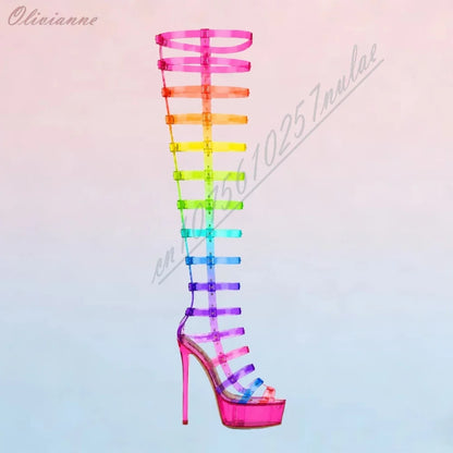 Fashion Women Colorful Rainbow Thigh High Boots Open Peep Toe Ultra‑High Platform Stiletto Heel Multi‑Adjustable Buckle Shoes