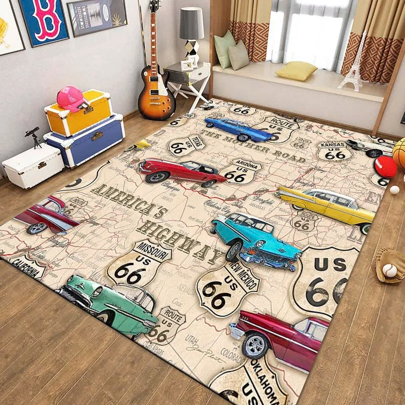 Route 66 Motorcycle Pattern Print Flannel Area Rug Americana Theme Soft Comfortable Floor Mat For Living Room Bedroom