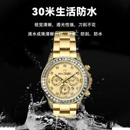 CHAXIGO 300 Diamond Studded Multi Functional Men's Quartz Watch Business Timing Steel Belt Light Luxury Calendar Watches for Man