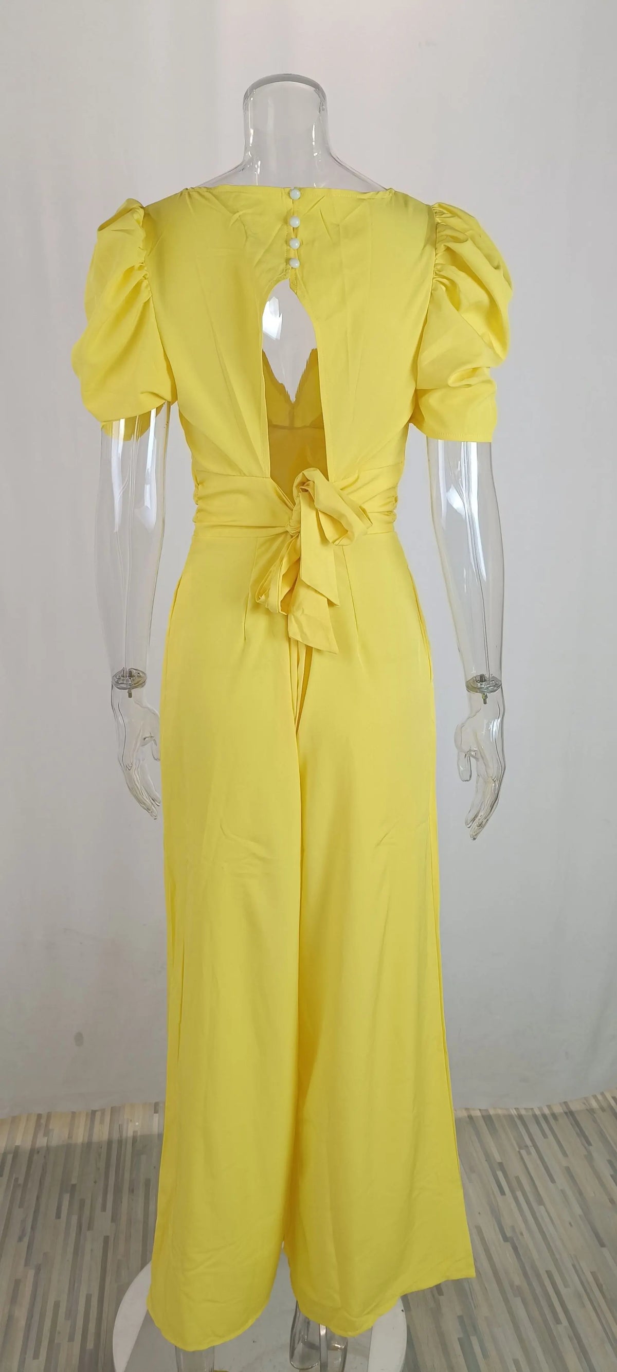 Summer Women's Slim Short Puff Sleeve V-neck Wide Leg Long Jumpsuit Elegant High Waist Ruched  Pocketed Solid color jumpsuits