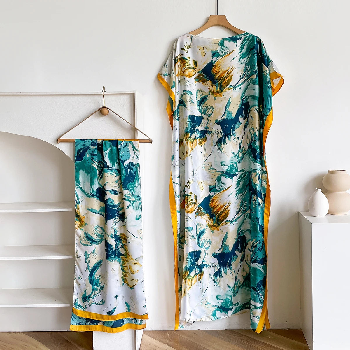 2025 New African Fashion Short Sleeve Colored Pattern Dubai Women Summer Real Silk Soft Printing Loose Tradition Muslim Dress