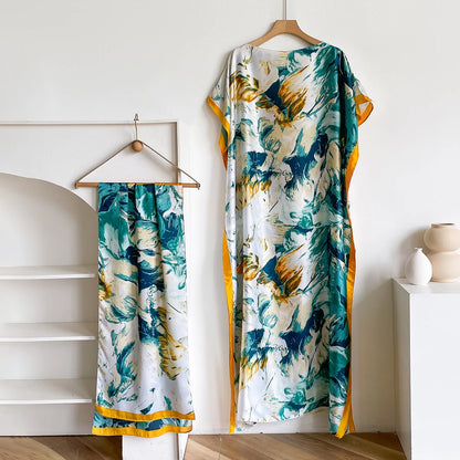 2025 New African Fashion Short Sleeve Colored Pattern Dubai Women Summer Real Silk Soft Printing Loose Tradition Muslim Dress