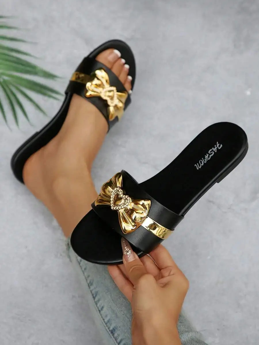 Women's Shoes New Fashion Slippers with Bow Buckle Versatile Solid Color Decorative Round-Toe Flat Sandals