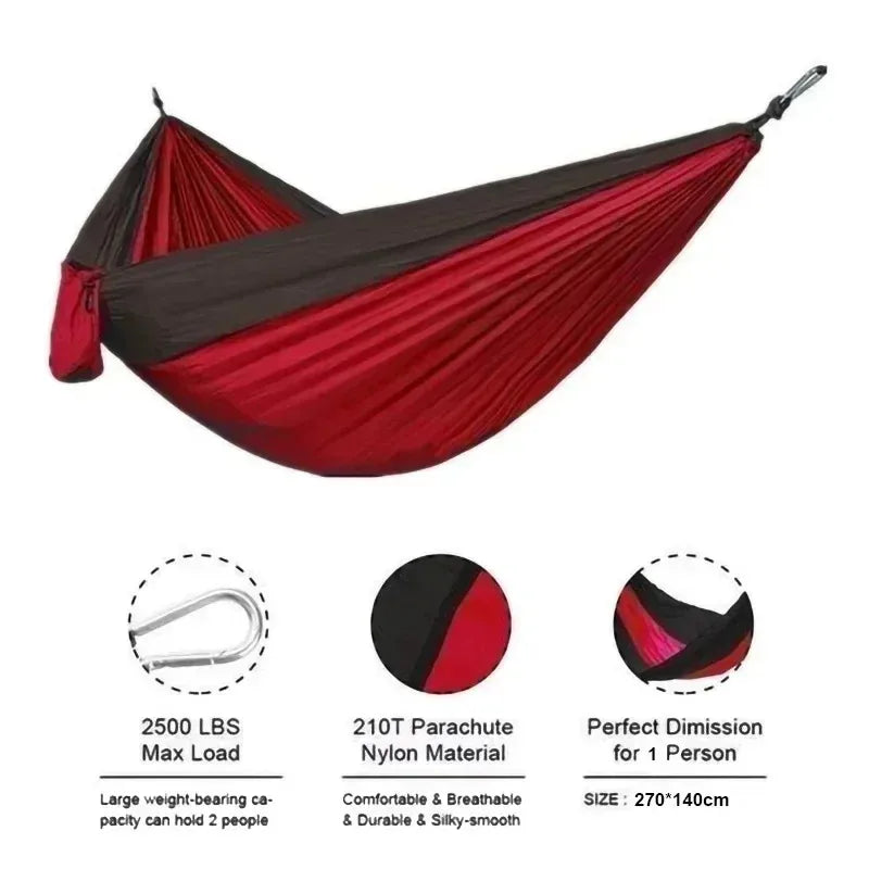 Outdoor Single Camping Hammock, Color Nylon Parachute Fabric, High Strength Portable Hanging Bed