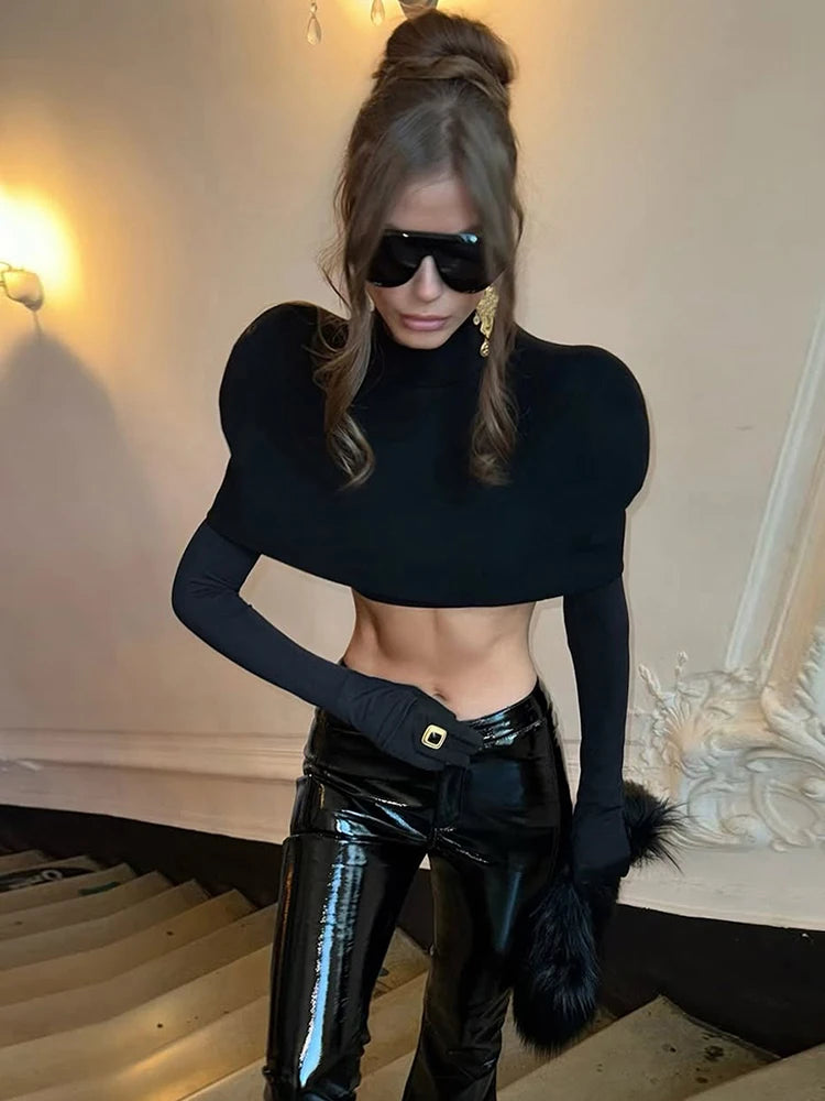Weird Puss Chic Turtleneck T-Shirt 2-Piece Set Women Classic New Trend Long Gloves+Short Sleeve Crop Tees Fashion Streetwear