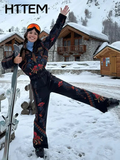 Printed Women's Ski Jumpsuits Warm Full Sleeve Zippers Stand Collar Pocket Lady Rompers 2026 Autumn Winter Female SkiWear New