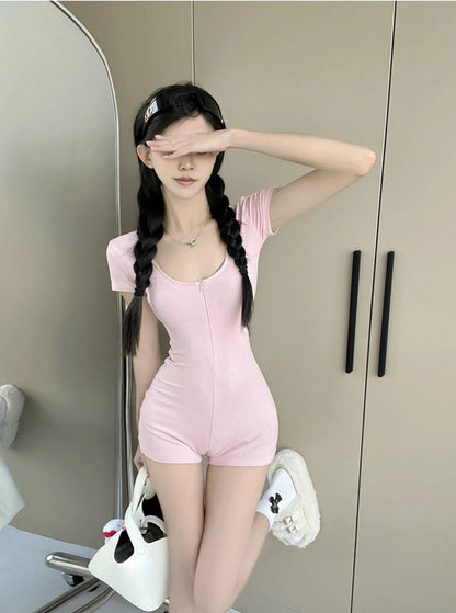 Womens Playsuits Yoga Low Neck Slim Fit Short Sleeve Jumpsuits Stretch One Piece Romper Sexy Fitness Female Sportwears Zipper