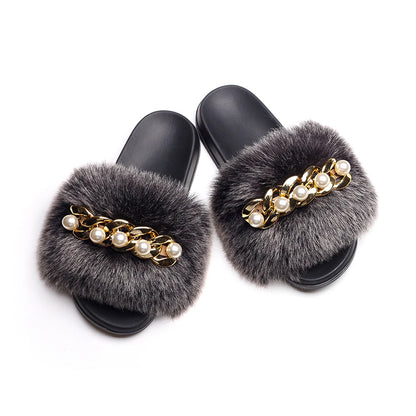 Fluffy Slippers Women Flip Flops Luxury Pearl Chain Faux Fur Slides Flat House Slippers Beach Summer Sandals Ladies Casual Shoes