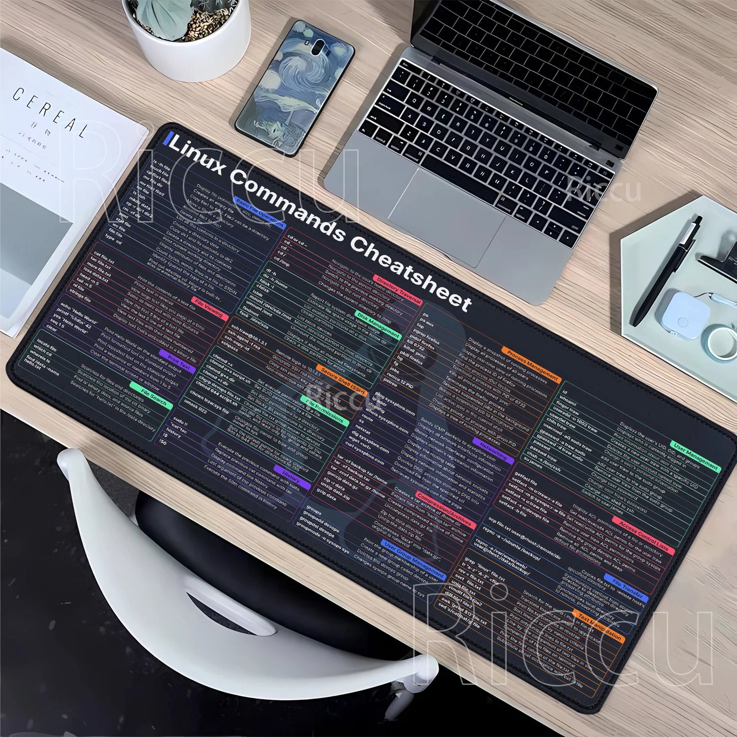 Linux Commands Line Mouse Pad Large Mousepad Shortcuts for Red Hat Ubuntu OpenSUSE Arch Debian Unix Programmer offices Desk Mat