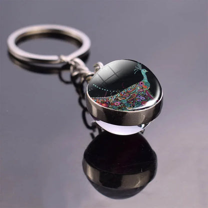 Animals Cute Keychain Cat Dog Bear Peacock Rabbit Squirrel Phoenix Double Side Glass Ball Pendant Keyring Jewelry Key Chain Gift