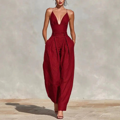 Elegant Sexy V-Neck Spaghetti Strap Jumpsuit Women High Waist Wide Leg Casual Romper Spring Boho Solid Backless Pockets Overalls