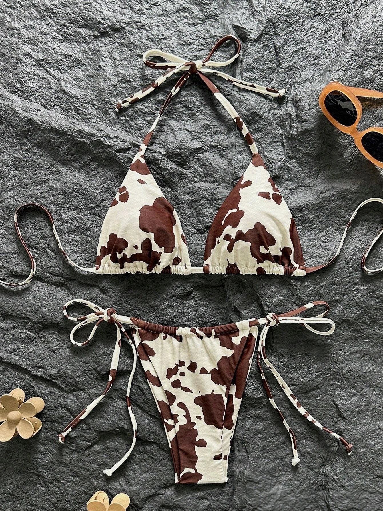 Women Bikini Set 2026 Summer Brown White Cow Print Halter Triangle Tie Side String Sexy Swimwear Female Beach Vacation Bathing S