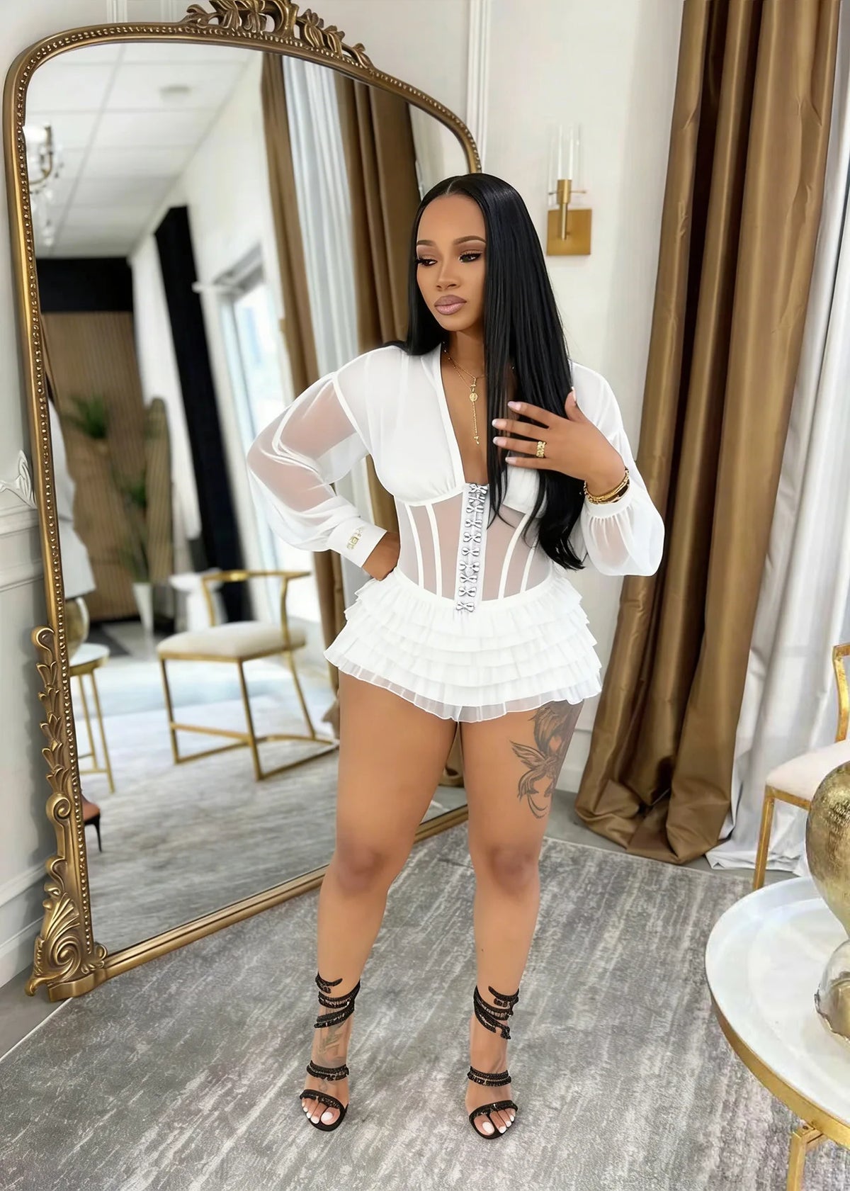 Boho Summer Mesh Casual Playsuit Sexy Women V-neck Elegant Night Club Ruffles Romper Overalls
