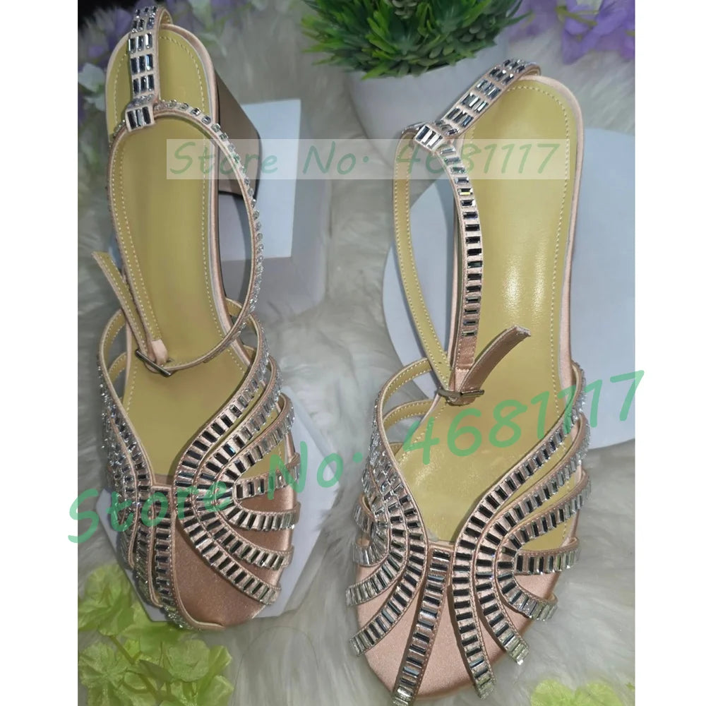 Crystal Caged Mid Block Heel Satin Sandals Women Metallic Leather Luxury Feminine Shoes Ladies Summer Ankle Strap Evening Shoes