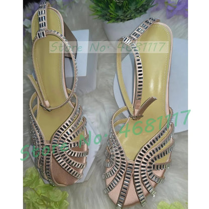 Crystal Caged Mid Block Heel Satin Sandals Women Metallic Leather Luxury Feminine Shoes Ladies Summer Ankle Strap Evening Shoes
