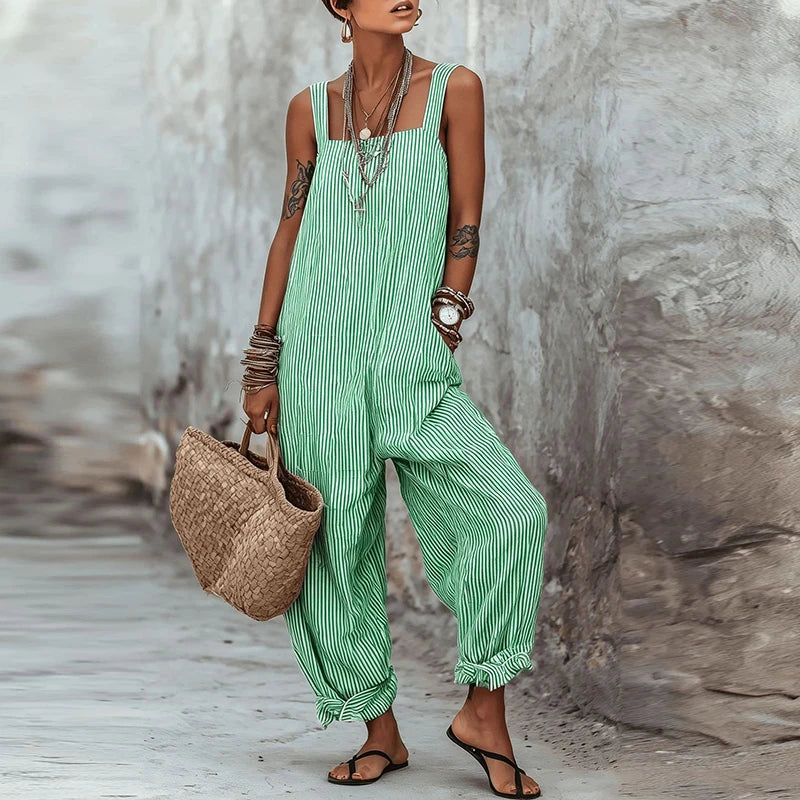 Summer Sleeveless Long Pants Jumpsuit Women Casual Striped Printed Pocket Playsuits For Women Fashion Loose Rompers Blue